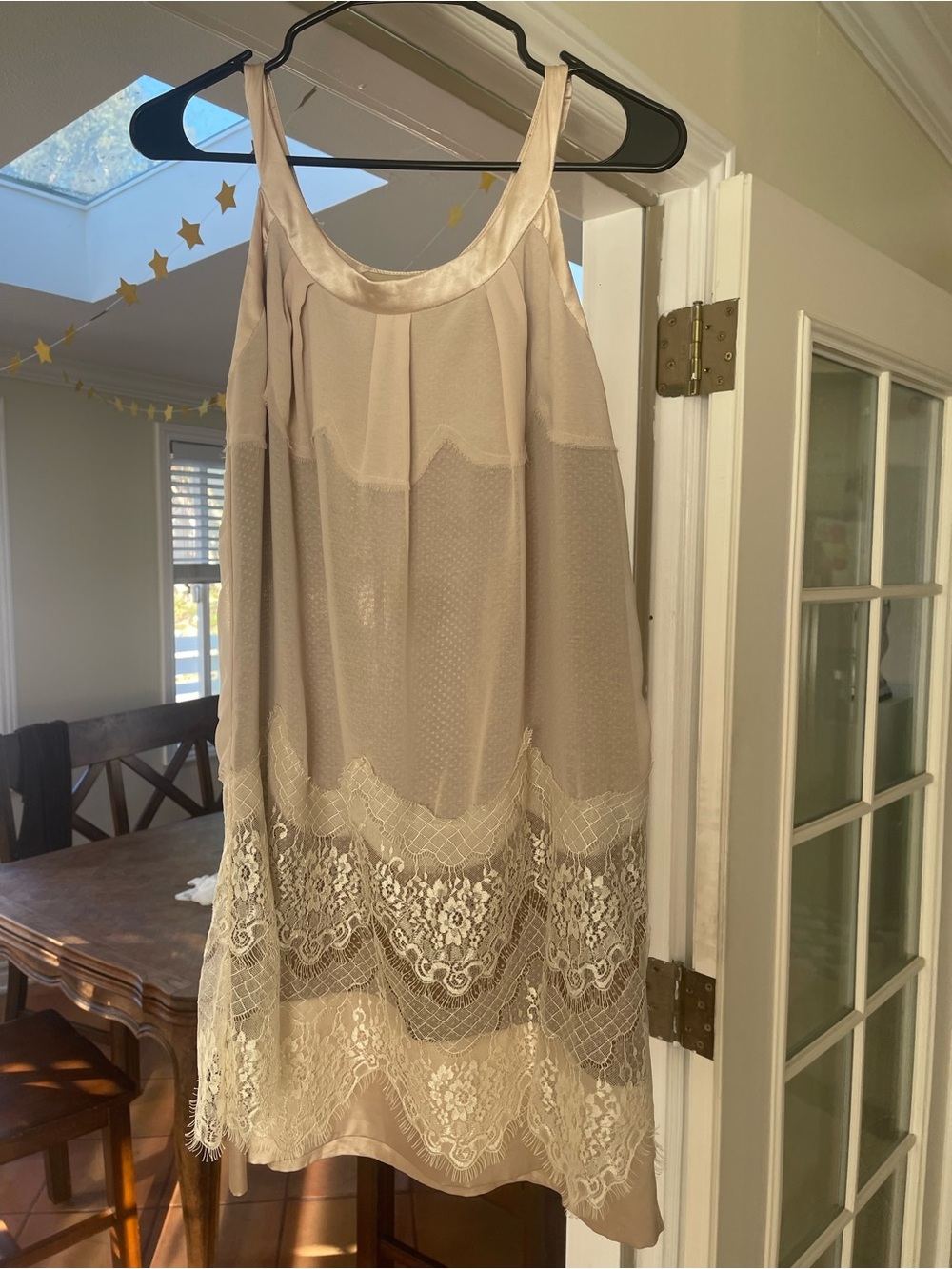 Final Touch Lace-Hem Mini Slip Dress in Light Beige